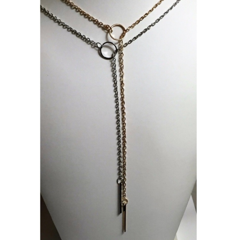 Circle and Vertical Bar Lariat - Gold or Silver